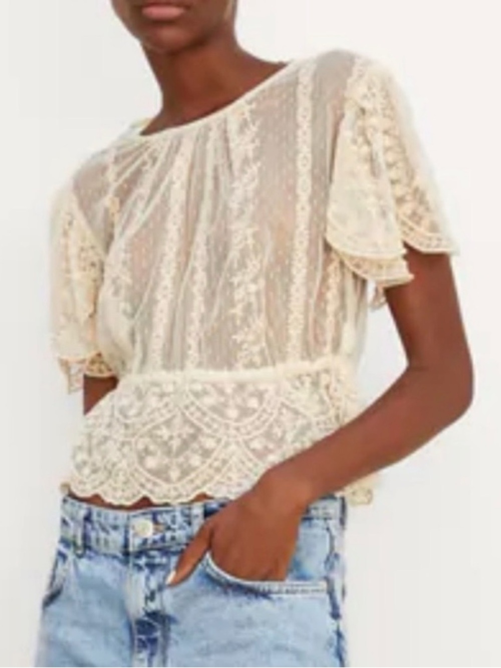 Zara Victorian style short sleeved lace blouse XS cream